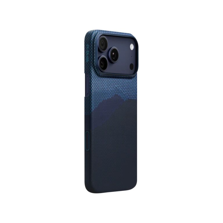 Back view of a dark blue smartphone case with a textured geometric pattern and a triple-camera cutout on the top left area