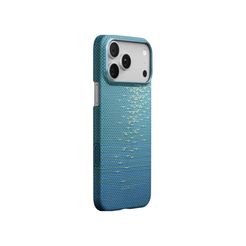Blue textured phone case on a smartphone, with a triple-camera module visible at the top.
