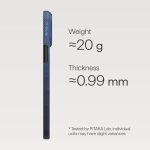 Side view of a blue textured device showing weight ≈20 g and thickness ≈0.99 mm; note about lab testing at PITAKA.
