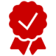 Red award ribbon with a black checkmark, signaling achievement or approval.