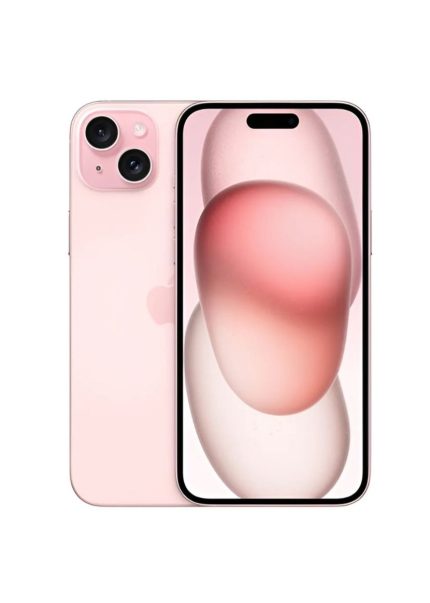 Pink iPhone shown from back and front, highlighting its dual-camera system and edge-to-edge display on a white background.