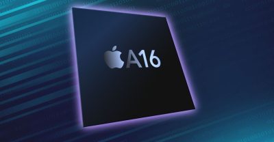 Apple A16 processor chip branding on a dark panel with a purple glow. The neon-tech scene emphasizes the chip name.