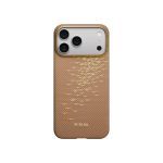 Back of an iPhone in a gold textured case with a triple-camera module visible and PLAKA branding at the bottom