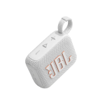 White JBL portable Bluetooth speaker with fabric grille, loop handle, and control buttons on top.