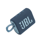 Blue JBL portable wireless speaker with fabric cover and a loop strap for hanging or carrying.
