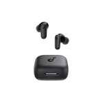 Black true wireless earbuds with charging case, earbuds hovering above a compact case with a subtle logo