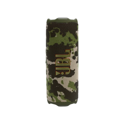 Rugged camouflage-pattern portable Bluetooth speaker with green end caps.