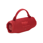 Red JBL portable Bluetooth speaker with a fabric cover and built-in handle on top edge.