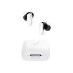 White wireless earbuds with black silicone tips and a white charging case, shown from above.