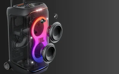 Portable JBL speaker with a transparent panel showing internal drivers and multicolor RGB ring lighting on the front.