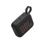 Compact black JBL Bluetooth speaker with orange logo and fabric cover, loop handle at top.