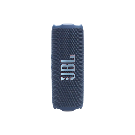 Blue JBL portable Bluetooth speaker standing upright with a textured fabric surface and white JBL logo visible