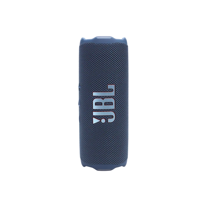 Blue JBL portable Bluetooth speaker standing upright with a textured fabric surface and white JBL logo visible