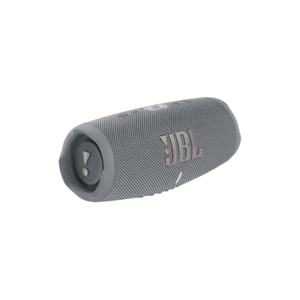 Gray JBL portable Bluetooth speaker lying on its side, fabric-covered cylindrical design.