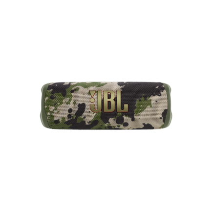 JBL portable Bluetooth speaker with camouflage fabric cover and green end caps.