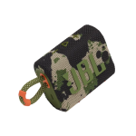 Camouflage JBL portable speaker with a green strap looped through an orange connector.