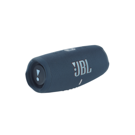 Blue JBL portable Bluetooth speaker with fabric cover, cylindrical shape and control buttons along the top edge