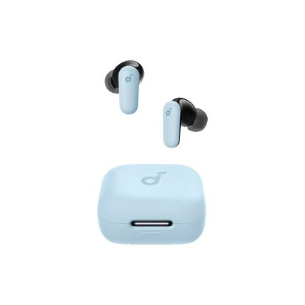 Light blue wireless earbuds with black ear tips and a matching light-blue charging case.