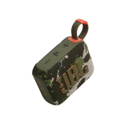 Camouflage-patterned JBL portable Bluetooth speaker with orange logo and control buttons on a green top panel. Includes a fabric loop handle and rugged fabric texture.