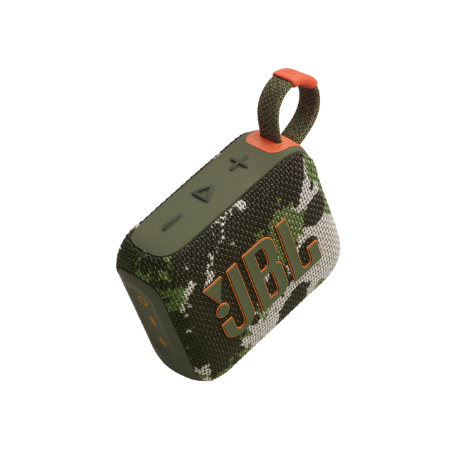 Camouflage-patterned JBL portable Bluetooth speaker with orange logo and control buttons on a green top panel. Includes a fabric loop handle and rugged fabric texture.