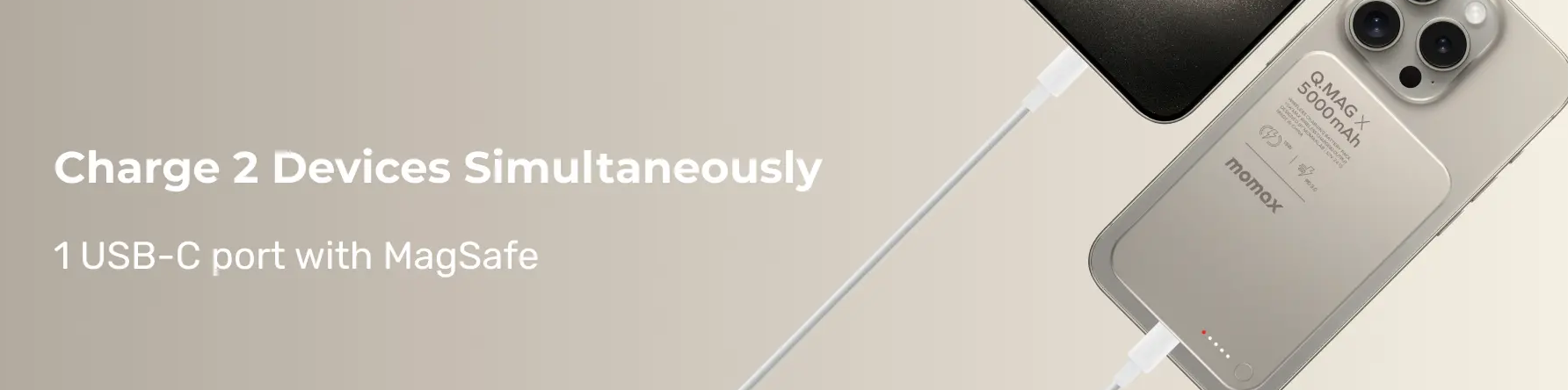 Banner showing a smartphone on a MagSafe charger and a second device charging, with the heading 'Charge 2 Devices Simultaneously' and subheading '1 USB-C port with MagSafe'.