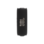 Portable JBL Bluetooth speaker, black cylindrical fabric cover with brand name on the side, standing upright on a white background.