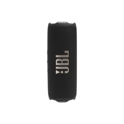 Portable JBL Bluetooth speaker, black cylindrical fabric cover with brand name on the side, standing upright on a white background.