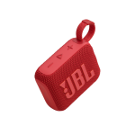 Red JBL portable Bluetooth speaker with a fabric grille and looping strap, angled to show controls on top and logo on side.