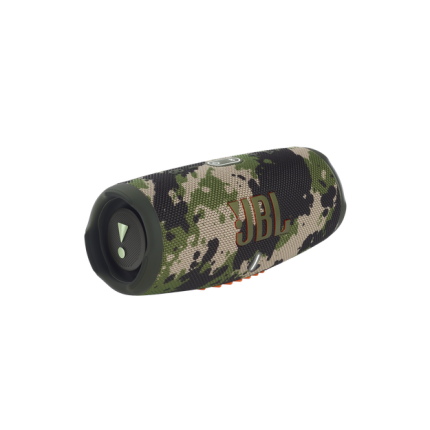 Camouflage-pattern JBL portable Bluetooth speaker lying on its side, showing the end with the power button area.