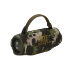 Camouflage-pattern JBL portable Bluetooth speaker with a carry strap and orange logo on a woodland camo fabric body.