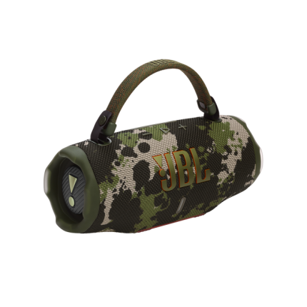 Camouflage-pattern JBL portable Bluetooth speaker with a carry strap and orange logo on a woodland camo fabric body.