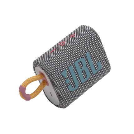 Gray JBL portable Bluetooth speaker with a yellow fabric loop handle in a cylindrical fabric-covered body