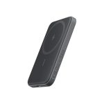 Slim wireless charger with a circular coil pattern and a USB-C port on the edge, shown at an angle.
