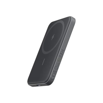 Slim wireless charger with a circular coil pattern and a USB-C port on the edge, shown at an angle.