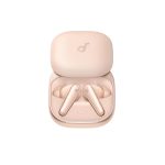 Rose-gold wireless earbuds nestled in an open charging case with the lid showing a small logo on top