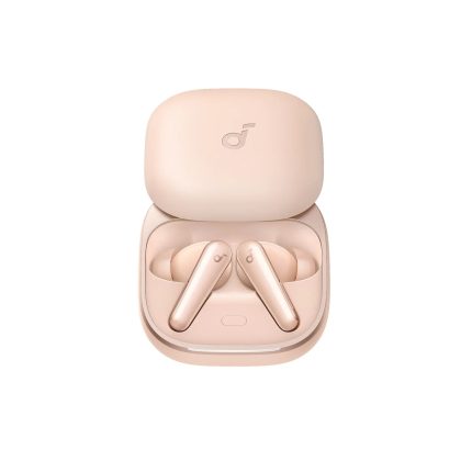 Rose-gold wireless earbuds nestled in an open charging case with the lid showing a small logo on top