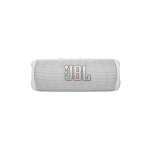 White JBL portable Bluetooth speaker lying horizontally with a gray fabric cover and centered JBL logo