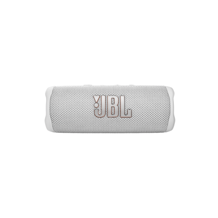 White JBL portable Bluetooth speaker lying horizontally with a gray fabric cover and centered JBL logo