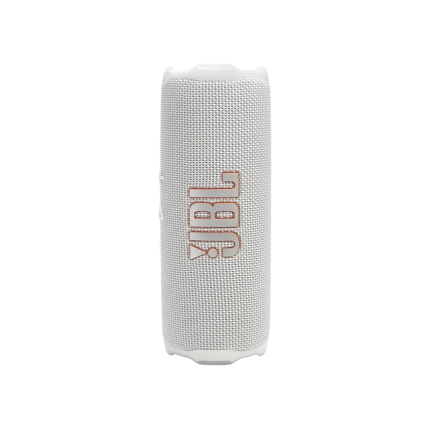 White cylindrical JBL portable Bluetooth speaker with fabric grille, standing upright on a white background.