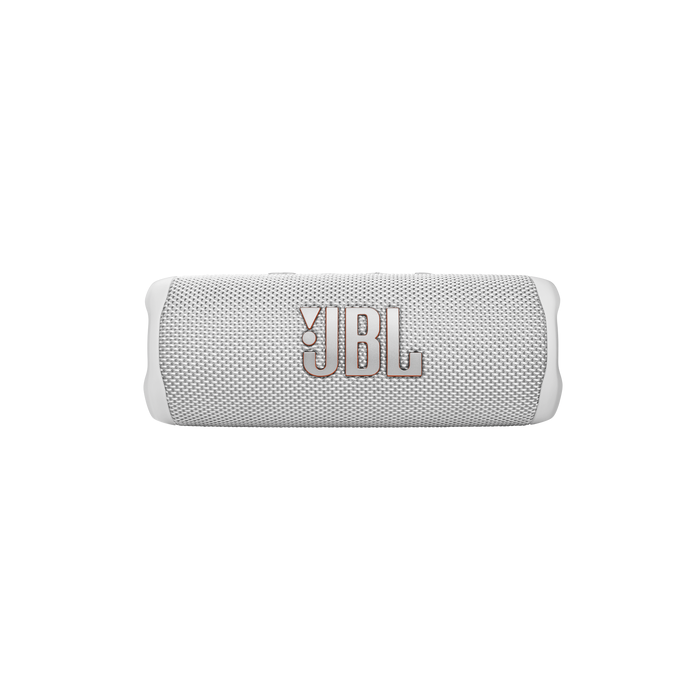White JBL portable Bluetooth speaker lying horizontally with a gray fabric cover and centered JBL logo