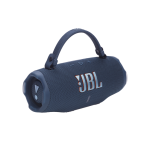 Blue JBL portable Bluetooth speaker with a carry handle, rugged fabric texture, angled front controls visible.