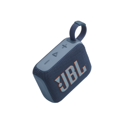 Blue JBL portable Bluetooth speaker with a fabric mesh body and a built-in loop handle on top side.