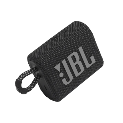 Black JBL portable Bluetooth speaker with fabric cover and a built-in carry loop