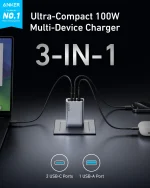 Anker ultra-compact 100W multi-device charger with 3-in-1 design and two USB-C ports and one USB-A port connected to devices on a desk