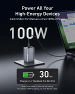 USB‑C 100W charger plugged into a MacBook Pro, with the laptop screen visible and a battery/time indicator showing 50% and 30 minutes remaining in the foreground.