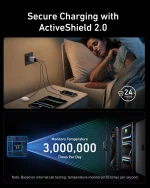 Banner: "Secure Charging with ActiveShield 2.0" over a person sleeping in bed with devices charging on a nightstand, emphasizing safe charging.