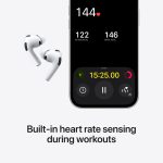 Wireless white earbuds beside a smartphone screen showing heart-rate and workout stats (144 bpm, 122 active kcal, 146 total kcal) to illustrate built-in heart-rate sensing during workouts.