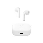 White wireless earbuds with a matching white charging case, shown front and side against a white background.