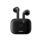 Black wireless earbuds resting in a glossy black charging case, viewed from front with tips upright