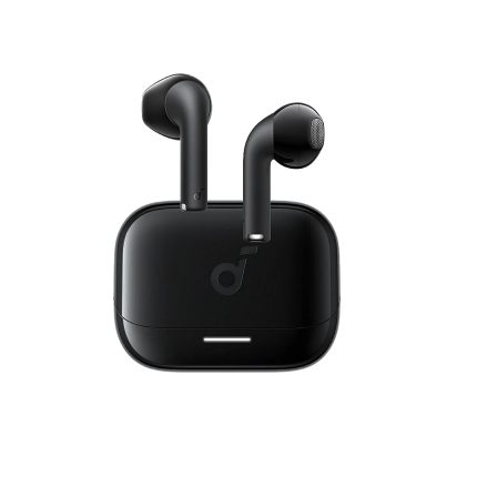 Black wireless earbuds resting in a glossy black charging case, viewed from front with tips upright